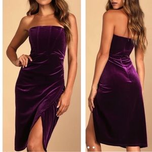 NWT Lulus • glamorous celebrations dark purple velvet strapless tulip dress sz S